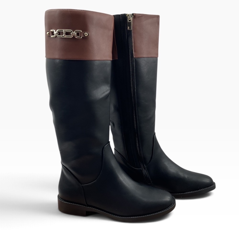 Jones New York Minella Black Brown Two Tone Riding Boots Size 6M Gold Chain